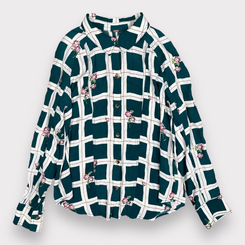 Free People Women's Window To My Heart Button Down Green Blouse Top Shirt Size M - Picture 11 of 16